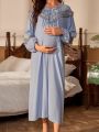 Maternity Patchwork Lace Ruffle Trim Decor Lantern Sleeve Pajama Set