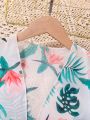 SHEIN Kids CHARMNG Little Girls' Tropical Printed Kimono Top And Wide-Leg Pants And Colorblock Cami Top 3pcs Outfit