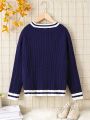 Tween Girl Striped Trim Raglan Sleeve Cable Knit Sweater