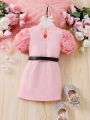 Baby Girls' 3d Flower Bubble Sleeve Dress With Waist Bag