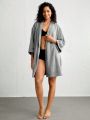 SHEIN Leisure Drop Shoulder Belted Teddy Lounge Robe