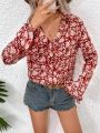 SHEIN Frenchy Women'S Floral Printed Ruffle Hem Bell Sleeve Blouse