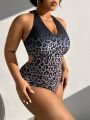 SHEIN Swim SXY Plus Size Women'S Leopard Print Halter One-Piece Swimsuit