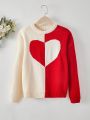 SHEIN Kids EVRYDAY Tween Girls' Casual Loose Fit Round Neck Heart Print Colorblock Pullover Sweater With Long Sleeves