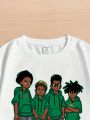 SHEIN Tween Boys' Casual Printed Short Sleeve Round Neck T-Shirt With Portrait And Letter Design, Suitable For Summer