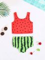 SHEIN Baby Girl Casual Watermelon Pattern Sleeveless Swimsuit Vest With Triangle Shorts Swimwear Set