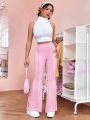 SHEIN Qutie Pink Knitted Flared Pants For Women