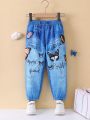 SHEIN Kids EVRYDAY Toddler Girls' Casual Everyday Imitation Denim Print Thin Velvet Overalls Pants For Autumn And Winter