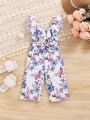 SHEIN Baby Girl'S Romantic Floral Print Off Shoulder Jumpsuit With Ruffle Trim