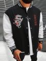 Manfinity LEGND Men 1pc Chinese Dragon & Slogan Graphic Striped Trim Varsity Jacket