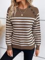 Striped Pattern Button Detail Raglan Sleeve Sweater