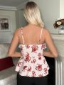 SHEIN Frenchy Valentine'S Day V-Neck Spaghetti Strap Camisole With Floral Print Ruffled Hem