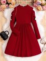 Tween Girls' Wine Red Hollow Out Dress With Unique Design