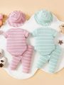 SHEIN 6pcs/set Comfortable Striped Fabric Baby Girls' Casual Everyday Outfits With Hat