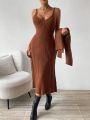 SHEIN Privé Coffee Colored Fashionable Knitted Sweater Two Piece Set