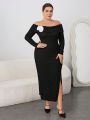 SHEIN Privé Plus Size Women'S Off Shoulder High Slit Dress