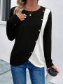 Women's Color Block Wrapped Overlap & Button Decorated T-shirt