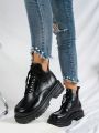 Lace-up Thick Heel & Platform Casual Short Boots Women's Fashionable Moto Boots