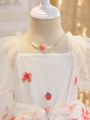 SHEIN Kids EVRYDAY Young Girl's Summer New Strawberry Embroidery Mesh Sweet Puffy Princess Dress