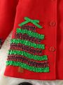 SHEIN Kids FANZEY Young Girl Christmas Tree Patched Contrast Plaid Trim Peter-pan Collar Overcoat & Hat