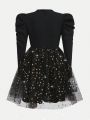 SHEIN Tween Girl Star Sequins Gigot Sleeve Mesh Hem Dress