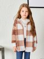 SHEIN Young Girl Buffalo Plaid Pattern Drop Shoulder Hooded Teddy Coat