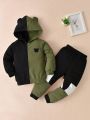 SHEIN Kids QTFun Young Boy Two Tone 3D Ear Design Hoodie & Sweatpants