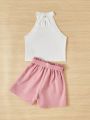 SHEIN Kids FANZEY Tween Girls' Stand Collar Sleeveless Top With Frill Details And Button Detail Belted Shorts Set