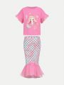 SHEIN Kids QTFun Young Girls' Round Neck Mermaid Pattern Mesh Splicing T-Shirt And Fish Scale Pattern Mesh Splicing Mermaid Tail Skirt Set