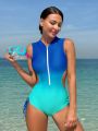 SHEIN Swim SPRTY Gradient Side Lace-up Zipper Half Placket One-piece Dress