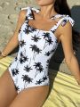 SHEIN Swim Vcay Women's One-Piece Swimsuit With Coconut Tree Print & Knot Detail On Shoulder