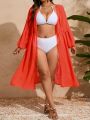 SHEIN Swim Vcay Plus Size Solid Color Lantern Sleeve Waist Cinching Kimono Dress