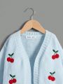 SHEIN Kids EVRYDAY Young Girl Cherry Embroidery Lantern Sleeve Duster Cardigan