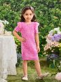 SHEIN Kids FANZEY Young Girls' Round Neck Fur Trimmed Shoulder Sequined Dress With Concealed Zipper At Back
