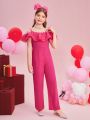 SHEIN Kids FANZEY Tween Girls' Knitted Solid Color Patchwork Woven Solid Color Spaghetti Strap Loose Elegant Jumpsuit