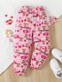 SHEIN Kids SUNSHNE Little Girls' Cute Heart, Balloon, Bear Pattern Printed Sweatpants For Spring And Autumn