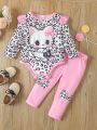 Baby Girls' Cartoon & Leopard Pattern Long Sleeve Jumpsuit And Pants Set