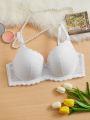 Plus Lace Panel Bow Front Scallop Trim Push Up Bra