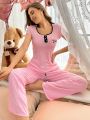 Women'S Color Block Letter Printed Top And Solid Color Pants Homewear Set