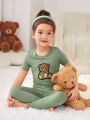 SHEIN Kids Nujoom Cute Teddy Bear Embroidery Applique Young Girl Concise Style Short Sleeve T-Shirt And Skinny Pants 2pcs Home Clothes Set