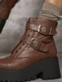 Faux Leather Buckled Lug Sole Combat Boots