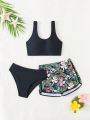 Teenage Girls' Tropical Print Bikini Swimsuit Set With Beach Shorts
