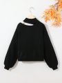 SHEIN Tween Girl Loose Fit High Neck One Shoulder Exposed Long Sleeve Sweater Casual Style