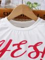 Teenage Girls' Letter Printed T-Shirt And Solid Color Cami Dress Set