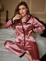 Women's Splicing Lace Border Satin Pajama Set