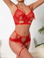 SHEIN Women's Sexy Lingerie Set With Mesh Patchwork And Bow Decoration