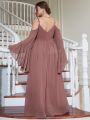 Plus Cold Shoulder Flounce Sleeve Ruched Split Thigh Bridesmaid Dress