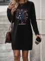 Butterfly & Tree Print Round Neck Long Sleeve Dress