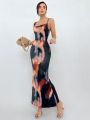 SHEIN Privé Asymmetrical Neckline And Fish-Tail Printed Dress