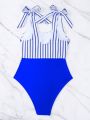 SHEIN Swim Striped Cut Out Tie Shoulder One Piece Swimsuit